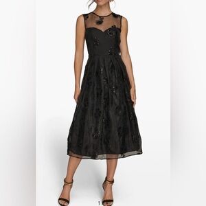 NWOT Donna Karan Black Sequin Mesh Midi Dress, Size 6